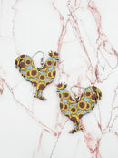 Wooden Sunflower Rooster Design Accent Earrings  E2580