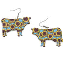 Wooden Sunflower Cow Design Accent Earrings  E2582